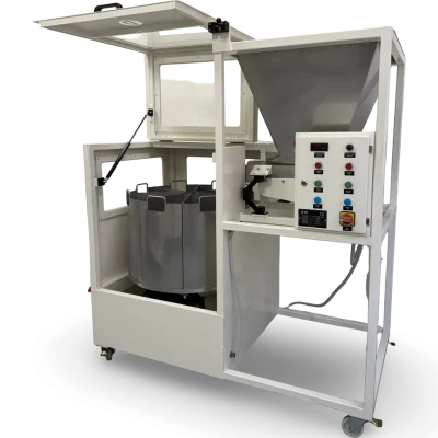 döner numune bölücü yandan kapak açık görünümü. paslanmaz çelik konteynerlarla beraber.