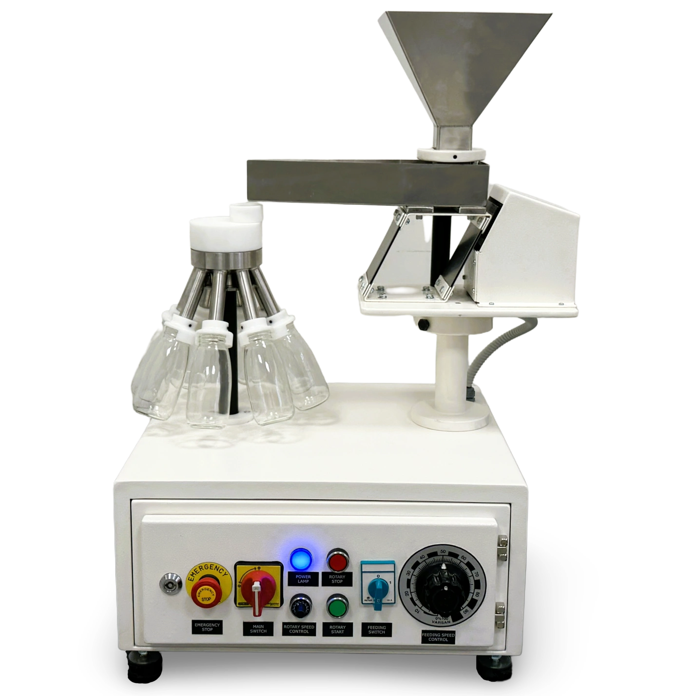 Paslanmaz çelik huni, titreşimli besleyici ve 8 x 250 ml çıkarılabilir cam şişe ile temsili numune alma için döner numune ayırıcı.