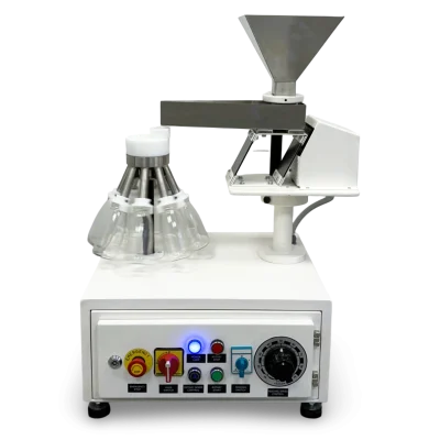 Titreşimli besleyici ve 8 x 250 ml cam şişe ile hassas numune bölme için laboratuvar tipi döner numune bölücü.