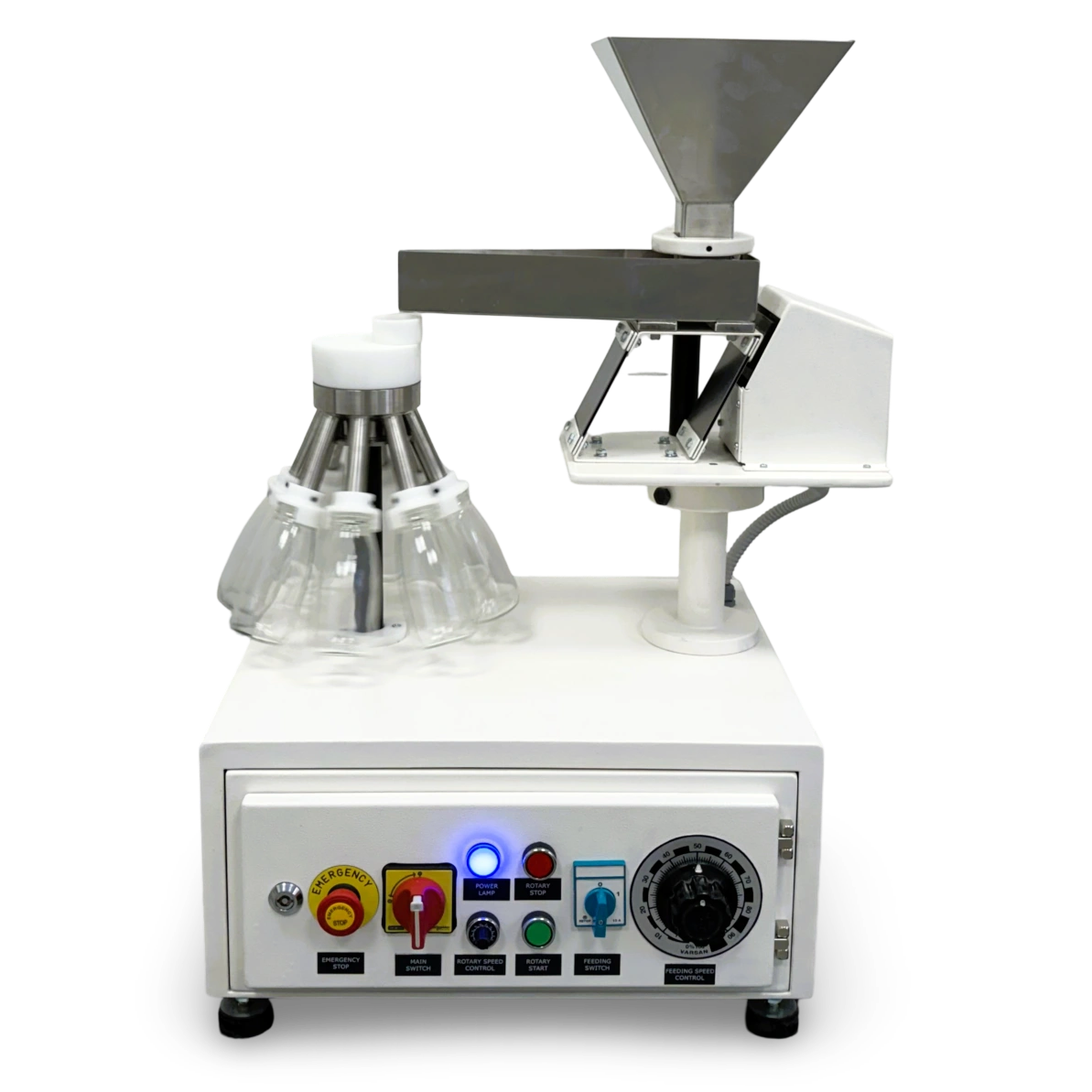 Titreşimli besleyici ve 8 x 250 ml cam şişe ile hassas numune bölme için laboratuvar tipi döner numune bölücü.