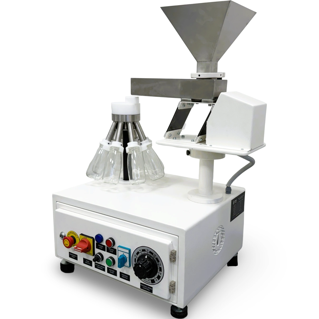 8 x 250 ml cam şişe ve ayarlanabilir titreşimli besleme sistemi ile donatılmış, kontrol panelli döner numune bölücü.