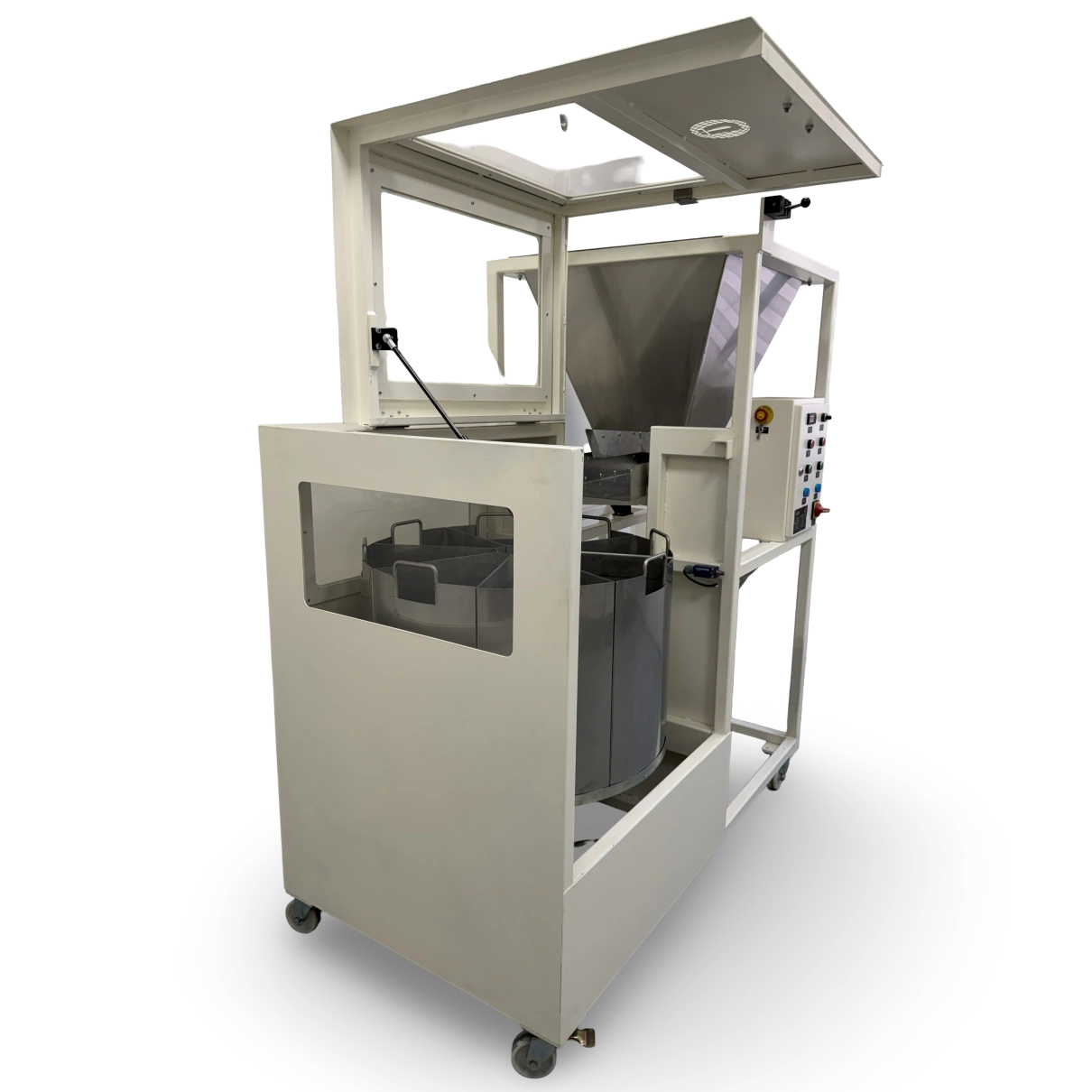 25 litre döner numune bölücü açık koruma kabini ve besleme hunisi ile yan görünüm