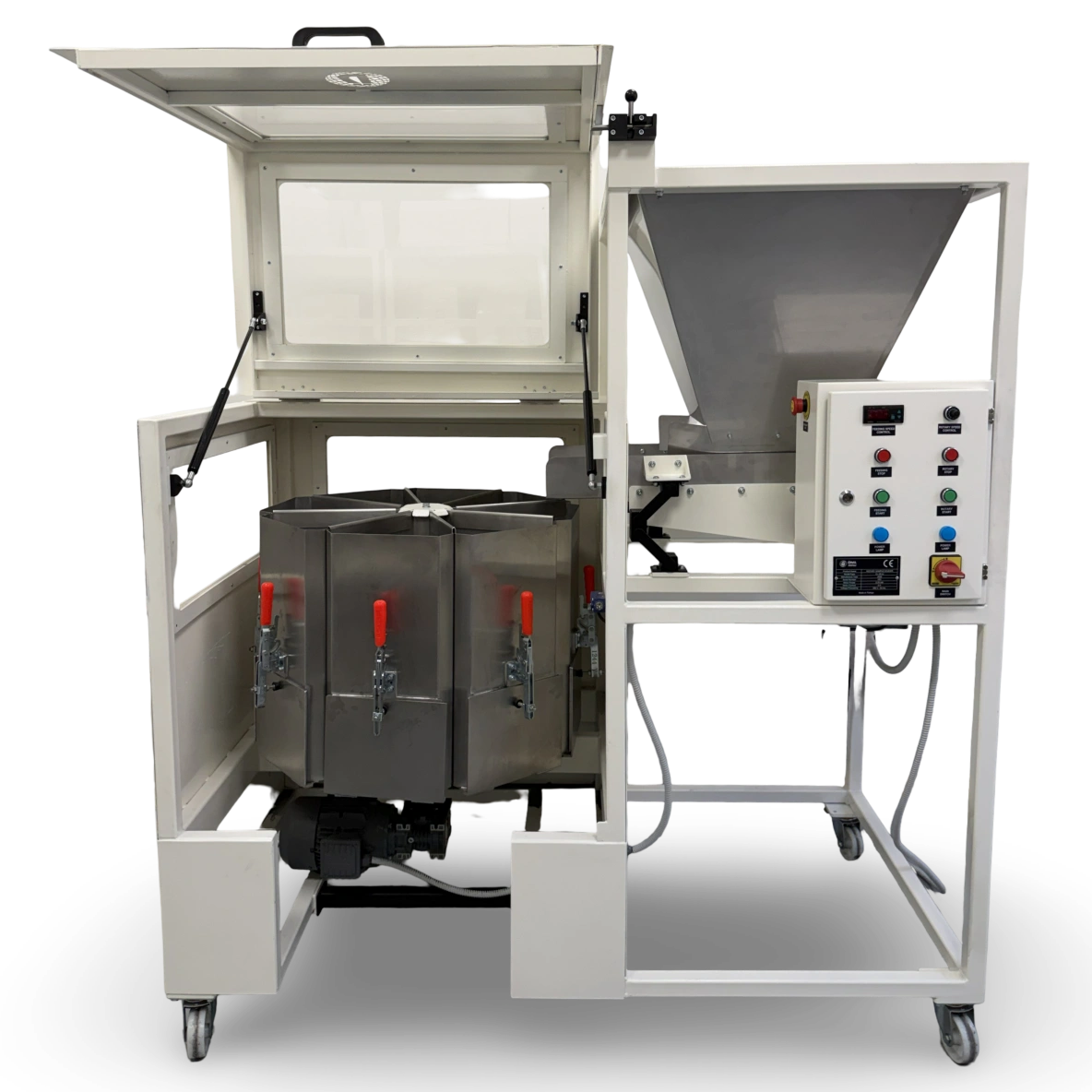 8x25 litre döner numune bölücü açık koruma kabini ve paslanmaz toplama kapları ile önden görünüm