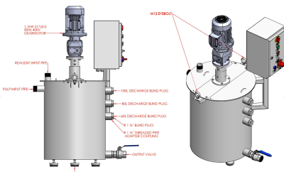 Paslanmaz çelik karıştırma tankı detaylı mühendislik çizimi - 1.1kW redüktörlü motor, reaktif girişi, pulp girişi, 60L/80L/100L tahliye portları ve M12 taşıma kulpu