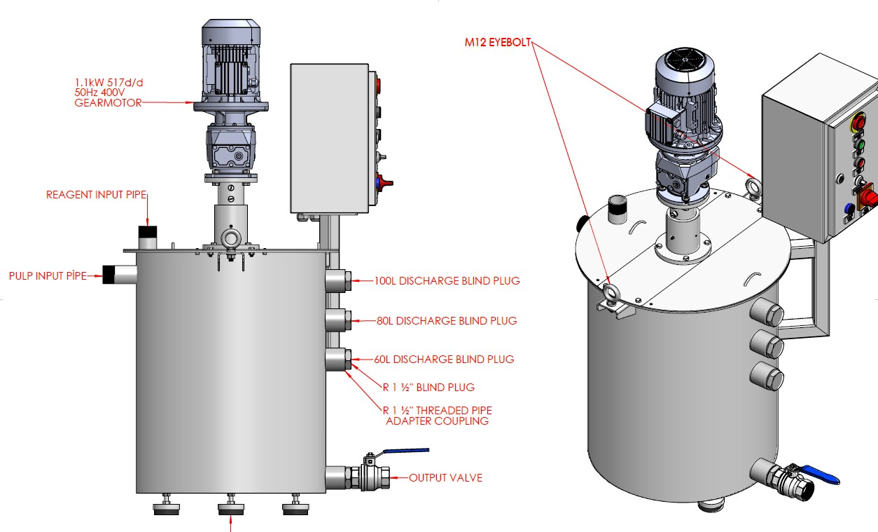 Paslanmaz çelik karıştırma tankı detaylı mühendislik çizimi - 1.1kW redüktörlü motor, reaktif girişi, pulp girişi, 60L/80L/100L tahliye portları ve M12 taşıma kulpu