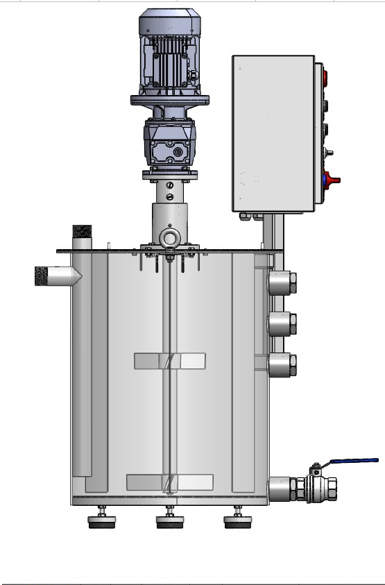 Çift pervaneli paslanmaz çelik karıştırma tankı teknik çizimi - redüktörlü gearmotor, kontrol panel ve çoklu tahliye portlu Ünal Mühendislik mühendislik tasarımı