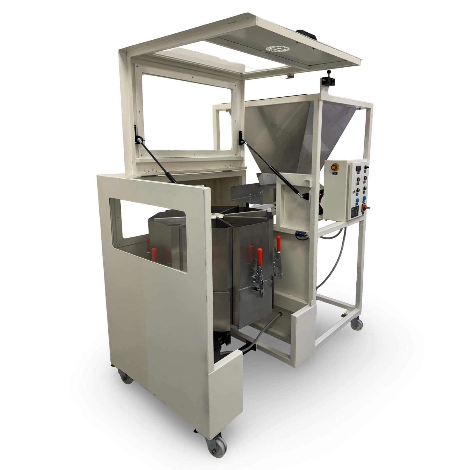 İç bölme sistemini gösteren kapak açık laboratuvar tipi döner numune bölücü