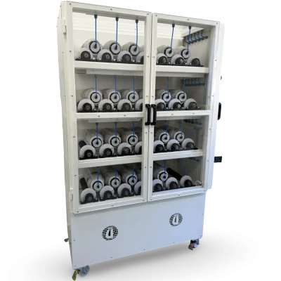 Ünal 24 kapasiteli bottle roller laboratuvar cihazı yan açılı görünüm, kilitlenebilir tekerlekli mobil 4 katlı yapı