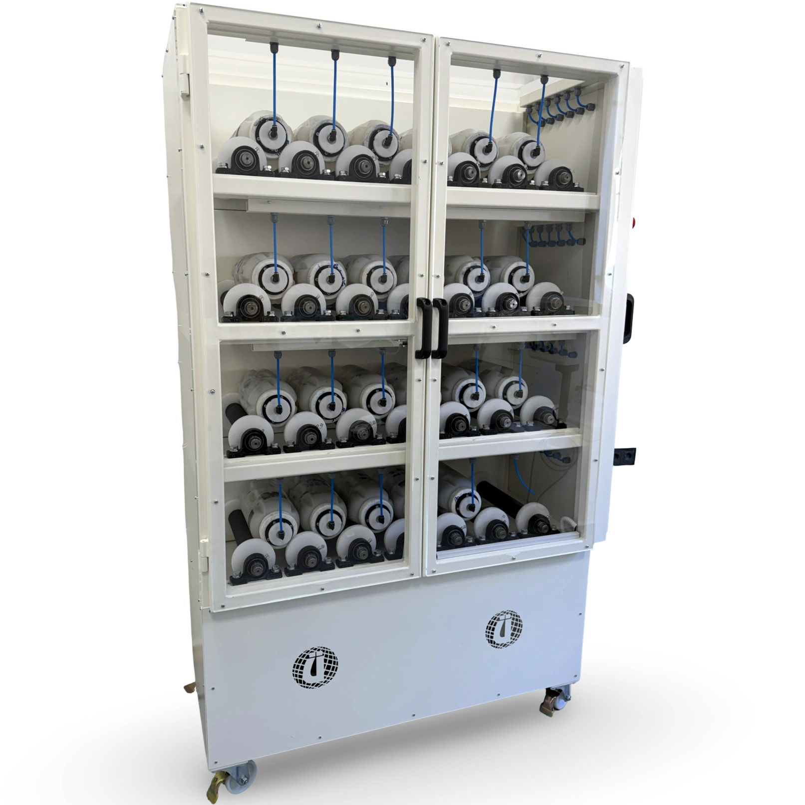 Ünal 24 kapasiteli bottle roller laboratuvar cihazı yan açılı görünüm, kilitlenebilir tekerlekli mobil 4 katlı yapı