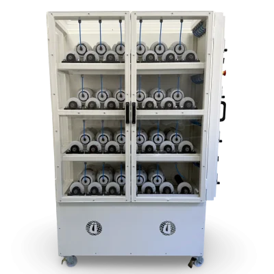 Ünal Bottle Roller 24 şişe kapasiteli şişe döndürme makinesi ön görünüm, şeffaf kapaklı 4 katlı çevirme istasyonu ve 28 kauçuk kaplı rulo